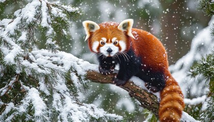 A red panda perched on a snowy branch amid falling snowflakes in a forest.