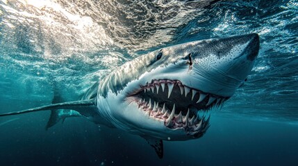 Fototapeta premium Great White Shark With Open Mouth Underwater