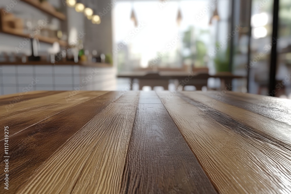 Poster a close-up view of a wooden table in a cozy caf? setting with blurred background elements.