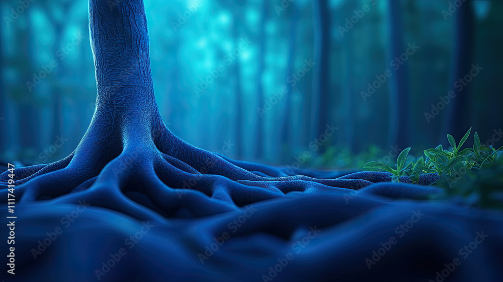 Poster a close-up view of intricate tree roots in a mystical, blue-toned forest setting.