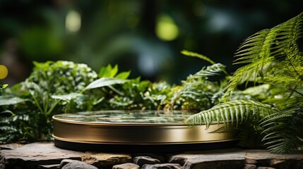 Natural stone and concrete podium in Natural green background for Empty show for packaging product presentation. Background for cosmetic products, the scene with green leaves. Mock up the pedestal.