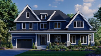 Suburban Blue House with a Front Porch