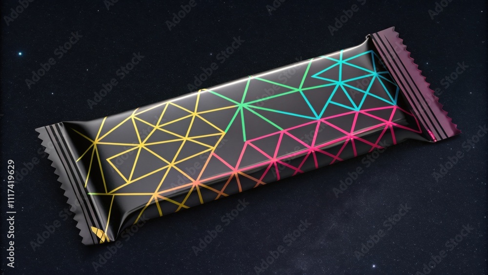 Poster flow pack filled with a chocolate bar showing a colorful geometric pattern on a black background wit