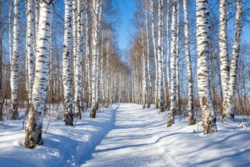 A serene winter path lined with birch trees under a clear blue sky.