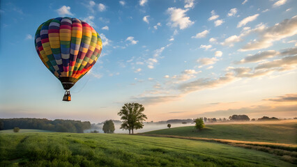 Fototapeta premium Hot Air Balloon in Morning Glow, Symbolizing Dreams and a Hopeful Future. Perfect for: Summer, New Year's