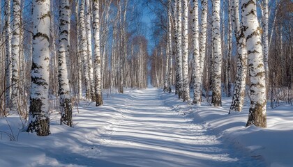 A snowy path lined with birch trees under a clear blue sky.