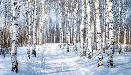 A serene winter path winding through a birch forest blanketed in fresh snow.