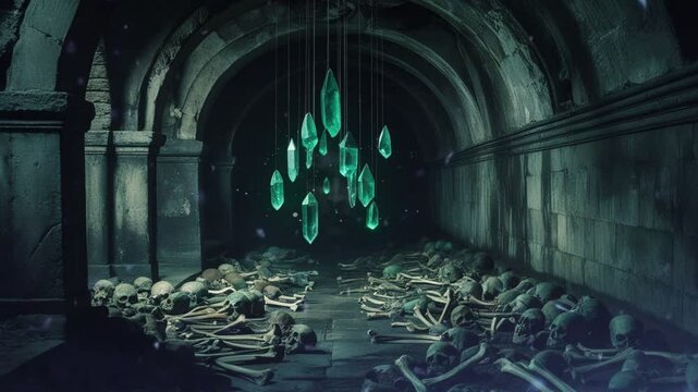 A dark, eerie underground scene with skeletons and glowing green crystals.