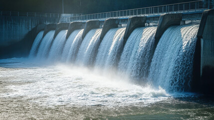 A powerful dam with cascading water, illustrating engineering marvel in nature. The water rushes down in a dramatic display of energy and force.