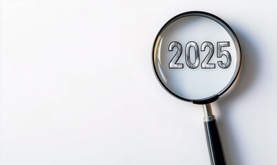 Magnifying Glass Zooming on "2025" with White Background. 