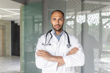 A confident doctor with arms crossed stands in a modern medical office. He wears a white coat and...