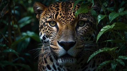 Tableau sur toile Animaux In a dense jungle, a jaguar stares intently at the camera, showcasing its striking features and natural habitat.   © Faria