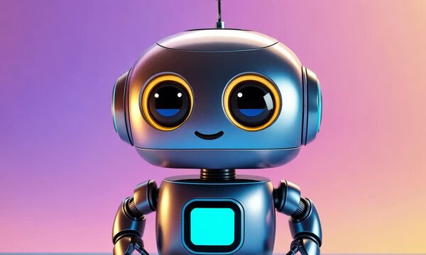 A robot with a blue light on its chest is standing on a purple background