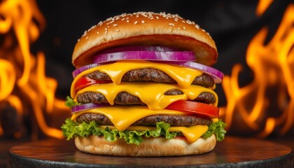 Delicious Triple Cheeseburger Flame Background