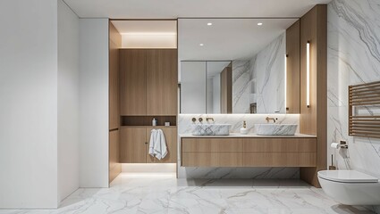 A contemporary indoor luxury bathroom with clean lines, modern fixtures, and large mirrors