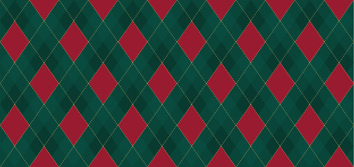 Argyle vector pattern. Dark red green  with thin slim golden dotted line. Seamless vivid geometric background for fabric, textile clothing, wrapping paper. Backdrop Little Gentleman party invite card