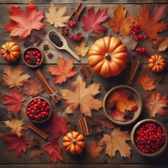 Top view of Autumn maple leaves with Pumpkin and red berries on old wooden background. 
