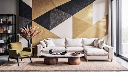 Generative AI,Vibrant modern living room with geometric accent wall and textured furnishings