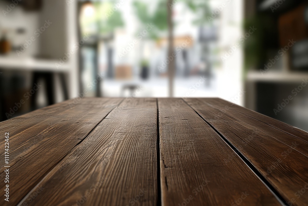 Poster a close-up view of a wooden table with a blurred background of a caf? setting.