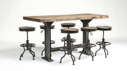Rustic Industrial Dining Set with Wooden Table and Adjustable Stools