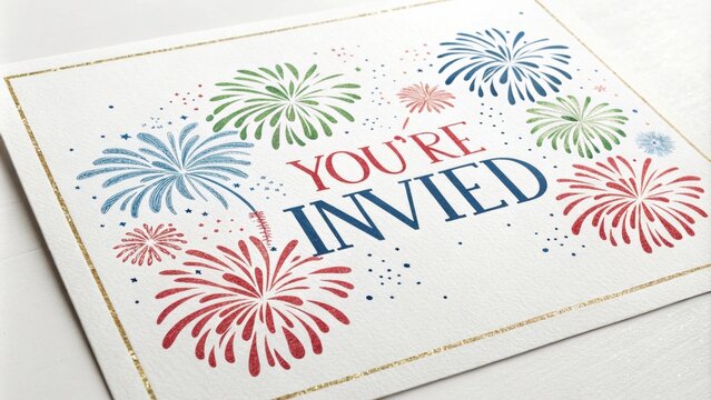Colorful fireworks exploding around the words you're invited create a vibrant and celebratory invitation card for a special occasion