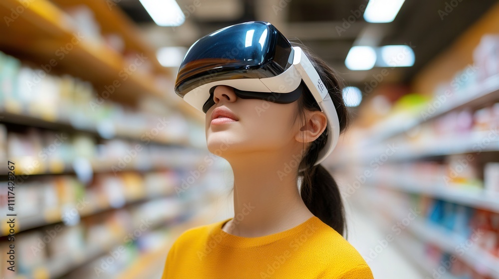 Poster a shopper using augmented reality glasses powered by ai to compare products