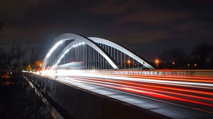Obraz premium Night cityscape with illuminated bridge and light trails of moving vehicles.