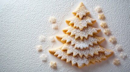 Minimalist Christmas Tree Cookie Decor with Powdered Sugar, White Background