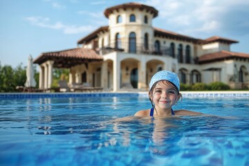Young girl enjoys swimming in a beautiful pool with a grand villa in the background, capturing summer joy and luxury.