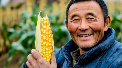  Contented Middle-Aged Chinese Farmer with Corn in Abundant Green Field, Celebrating Harvest with Joyful Expression