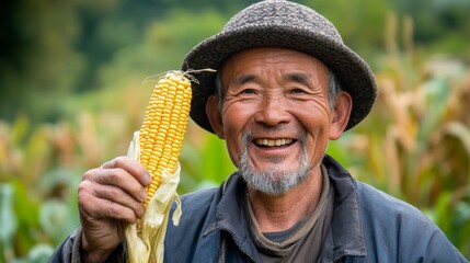 Contented Middle-Aged Chinese Farmer with Corn in Abundant Green Field, Celebrating Harvest with Joyful Expression