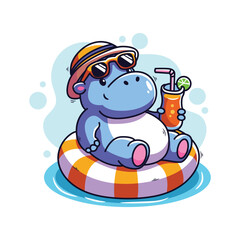 Cute hippopotamus with a jus in the pool. Vector illustration.