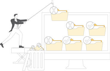 Organize computer files, clean up and delete junk files, improve work efficiency, reduce workload, isometric businessman to throw the junk files on the computer into the waste basket inside