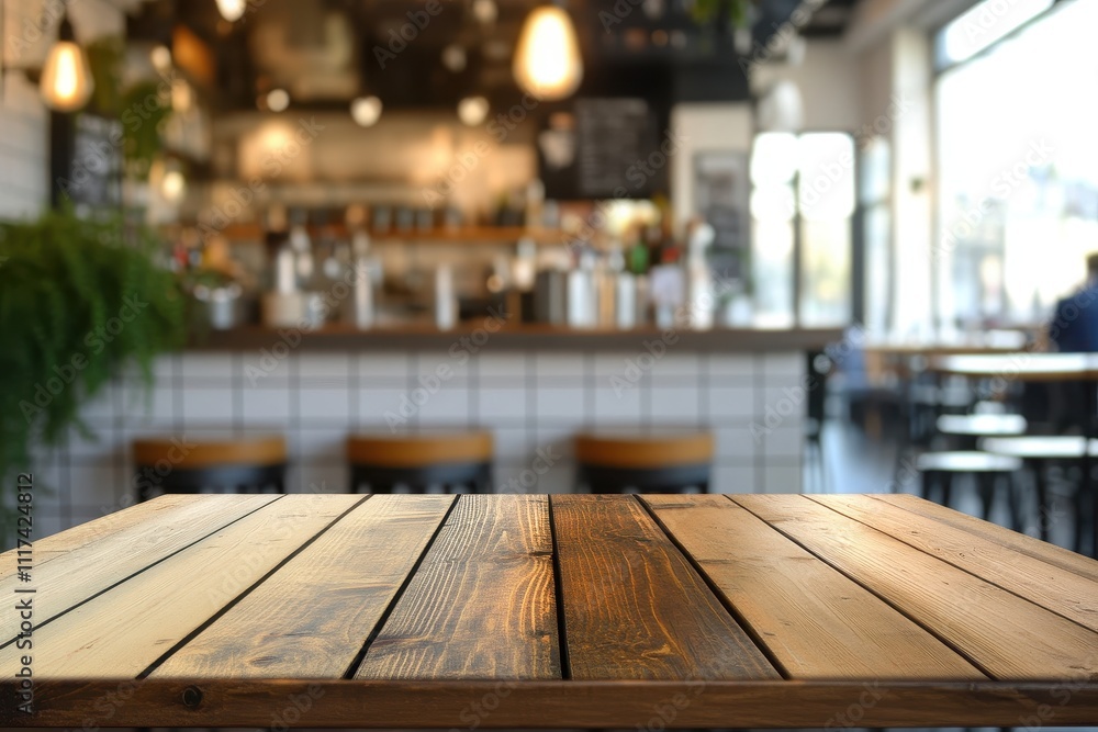Poster a wooden table in a cozy caf? setting with a blurred background of a bar area.