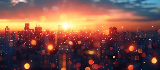 Breathtaking aerial view of a bustling urban cityscape at sunset with skyscrapers and high rise buildings illuminated by a vibrant dramatic sky and glimmering lights reflected in the water below