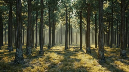 A serene forest scene with tall trees and dappled sunlight.