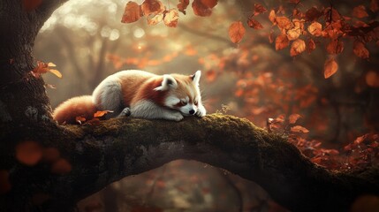 Red panda resting peacefully on a mossy tree branch in autumnal forest.
