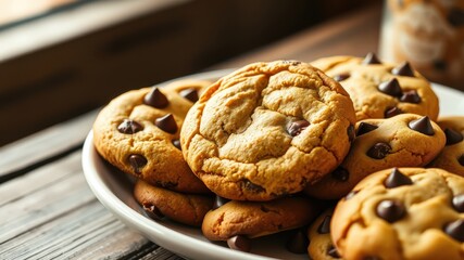 A stack of warm chocolate chip cookies on a white plate with a rustic wooden background.