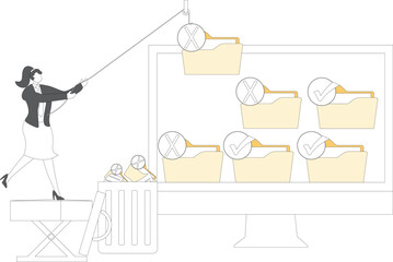 Organize computer files, clean up and delete junk files, improve work efficiency, reduce workload, isometric businesswoman to throw the junk files on the computer into the waste basket inside