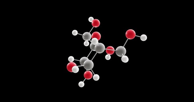 B-D-Fructofuranose molecule, rotating 3D model of fructose, looped video on a black background
