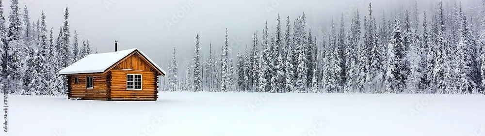 Wall mural a cozy wooden cabin stands in a snow-covered landscape, surrounded by frosted trees under a cloudy w