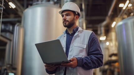 Obraz premium Industrial Worker Uses Laptop In Factory Setting