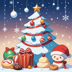 A white Christmas-themed background decorated with colorful candies, lollipops, and sweets scattered in a charming 2D cartoon style