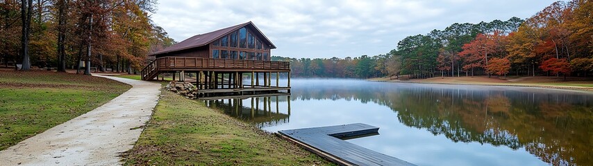 Naklejka premium A serene lakeside view featuring a wooden cabin, surrounded by autumn foliage under a cloudy sky, with a path leading to the water's edge.