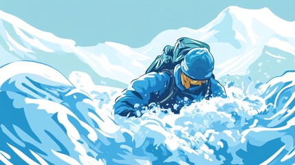 A climber struggles through turbulent waves in a snowy mountain landscape.