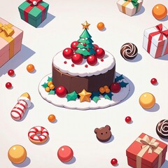 A white Christmas-themed background decorated with colorful candies, lollipops, and sweets scattered in a charming 2D cartoon style
