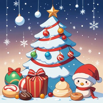 A white Christmas-themed background decorated with colorful candies, lollipops, and sweets scattered in a charming 2D cartoon style