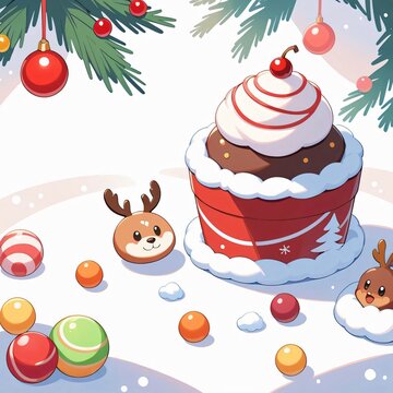 A white Christmas-themed background decorated with colorful candies, lollipops, and sweets scattered in a charming 2D cartoon style