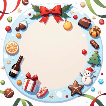 A white Christmas-themed background decorated with colorful candies, lollipops, and sweets scattered in a charming 2D cartoon style