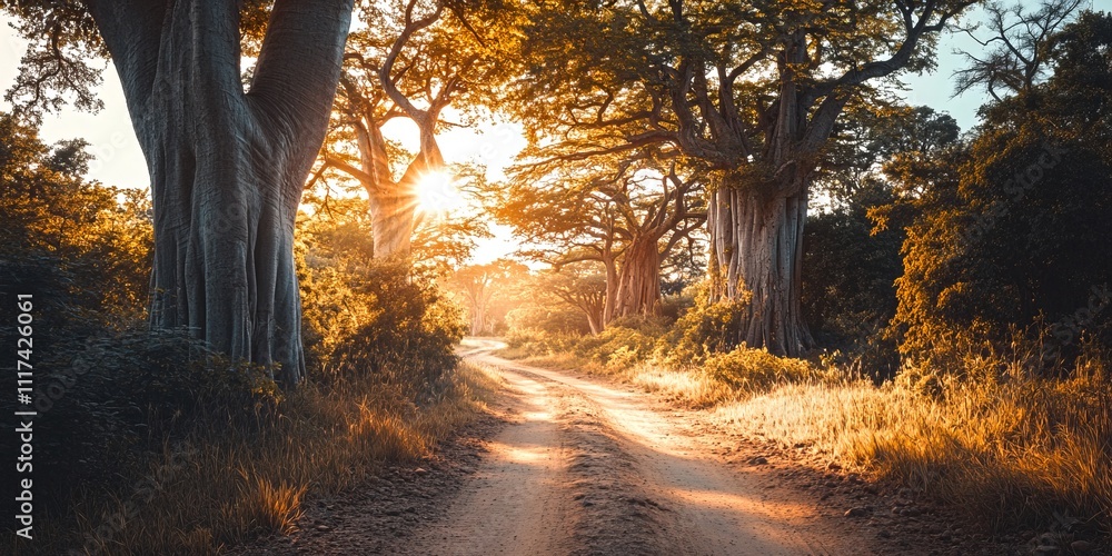 Poster a serene path winds through towering trees under a warm sunset. the golden light filters through the